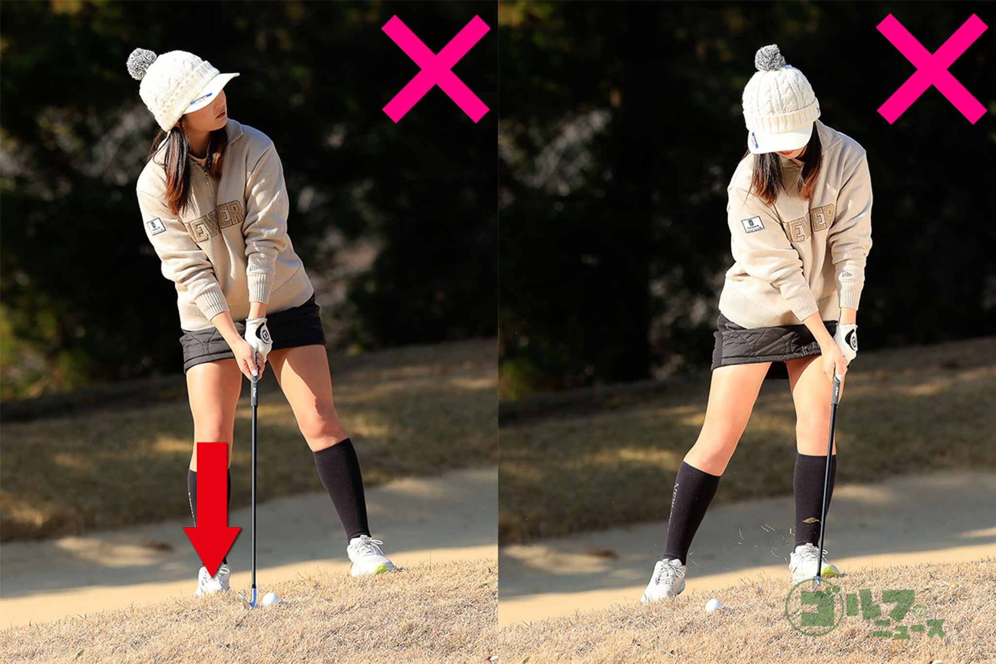 傾斜なりに右に乗りすぎるとあおり打ちになってミスになる。逆に、傾斜に逆らいすぎても刺さって振り抜けない　写真:小林司