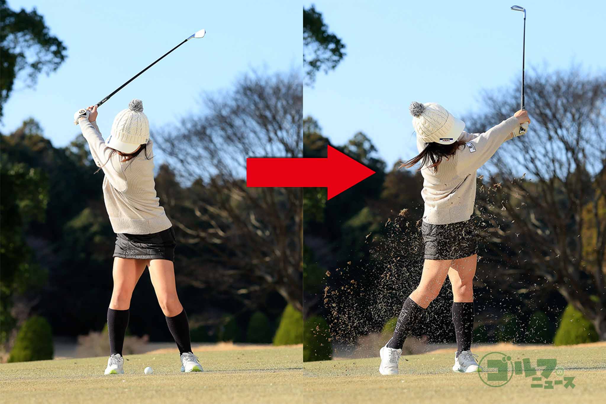 コンパクトなトップから少し高めのフォローで振っていく　写真:小林司