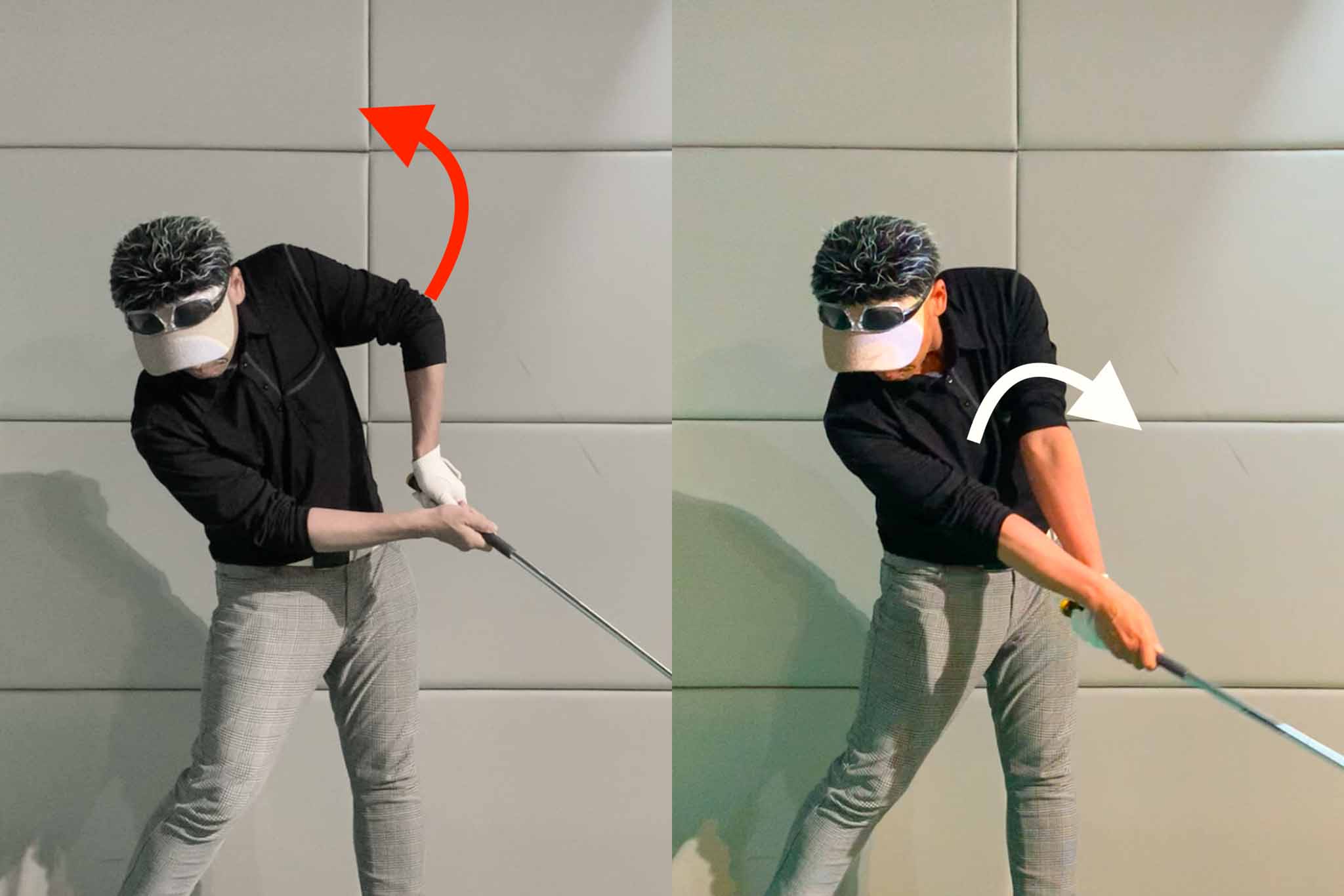 カッコ悪い左ヒジの引けは、体の回転に合わせて左右の腕を入れ替える動作（ローテーション）で改善できる