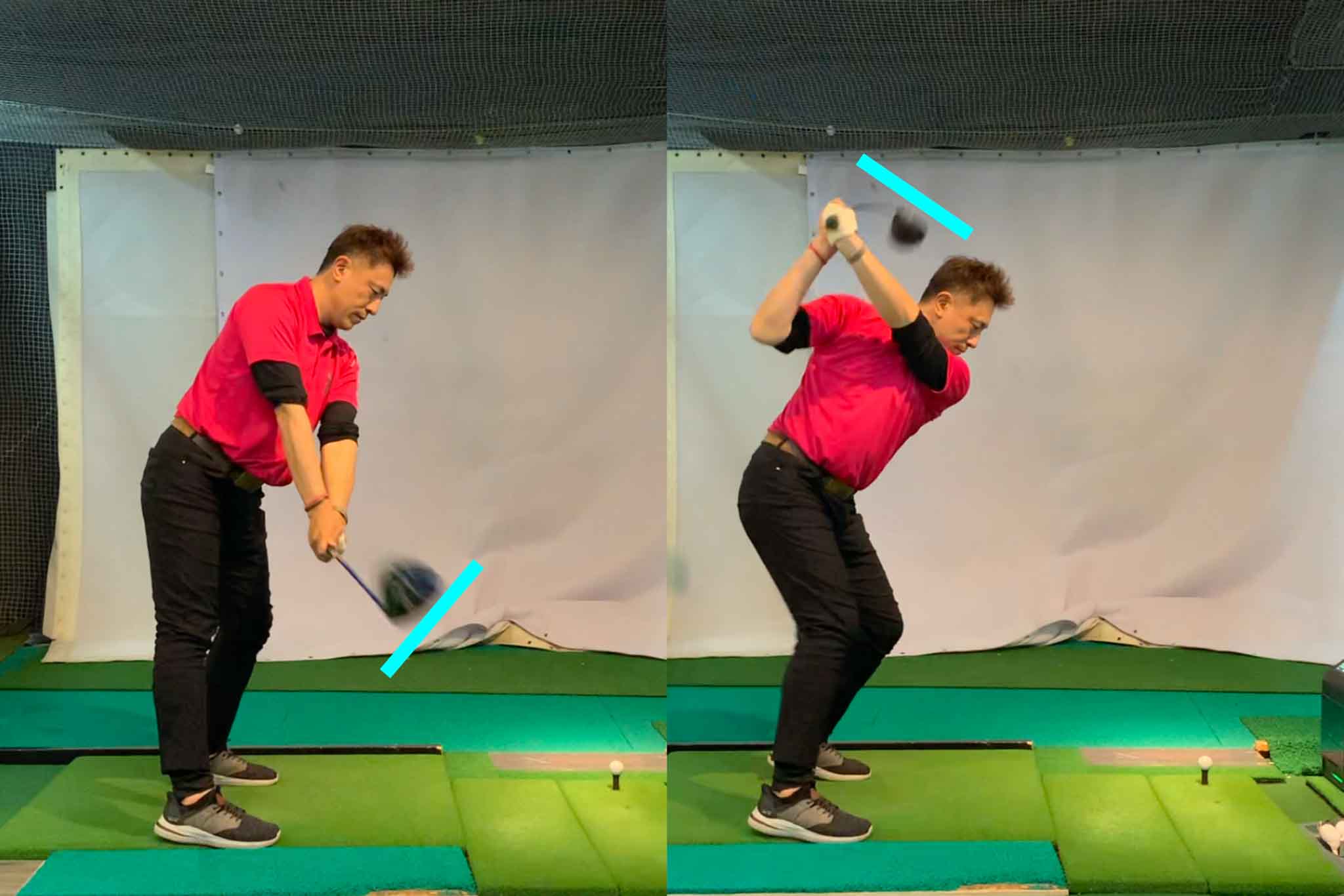 上下左右にヘッドが回転しづらいのが高MOIヘッドの特性。始動後すぐにフェースが開かず、「フェースがボールを向く」ようなバックスイングから、トップで「斜め45度」より若干上向きになるようにしたい