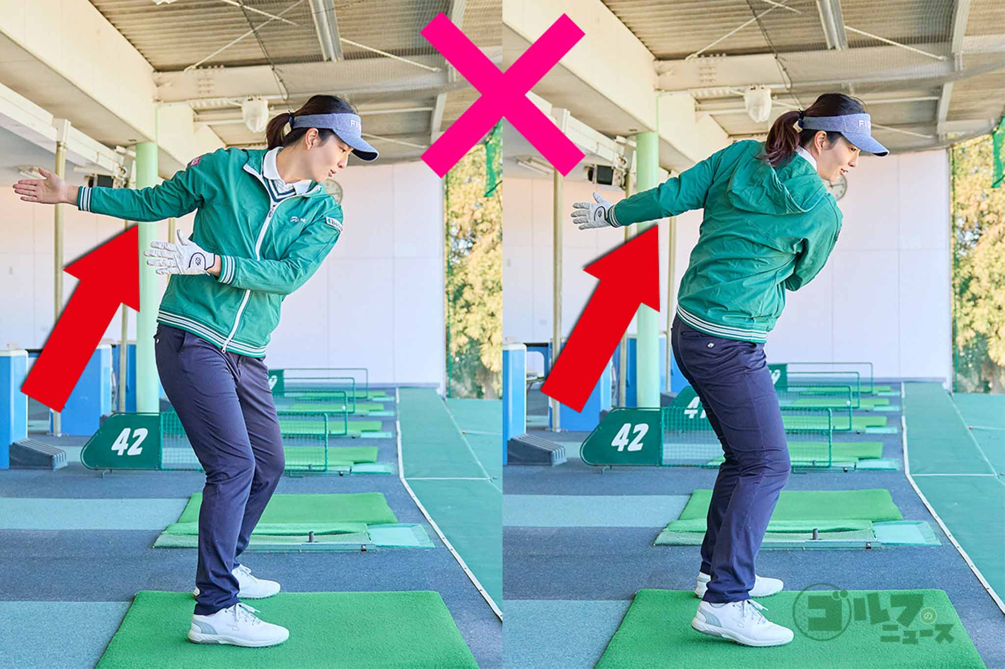手打ちの人のように、体を回さずに手だけを右サイドに持っていくと、右ヒジが引けたり、低い位置に両手が上がる。フォローでも同じように左ヒジが引けたり、低い位置に両手が上がる　写真:西村恵