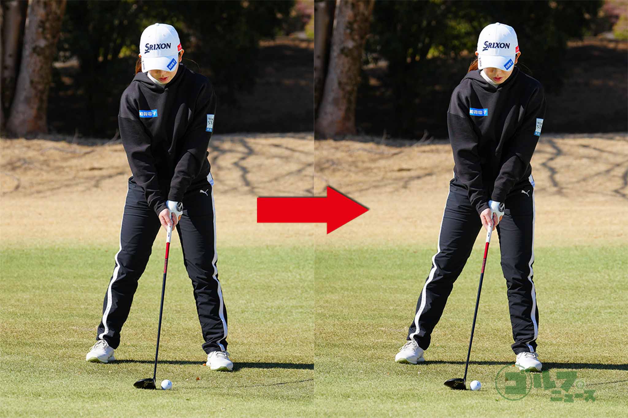 左足下がりのライでは、平地の左右均等だった体重配分から左足に6割から7割ぐらい乗せる体重配分に変わる　写真:鈴木祥