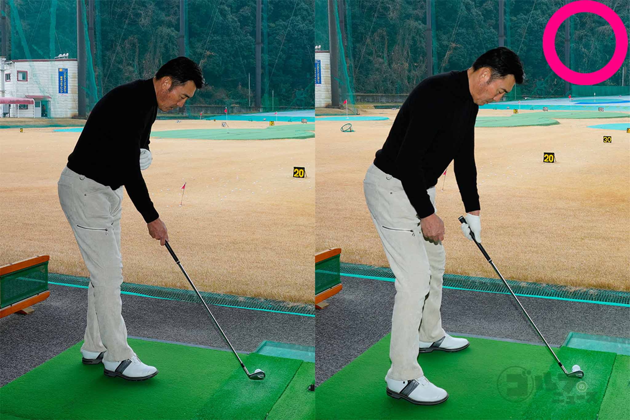 フェース面を目標に向けるときは、右手ではなく左手でクラブを持つ　写真:鈴木祥