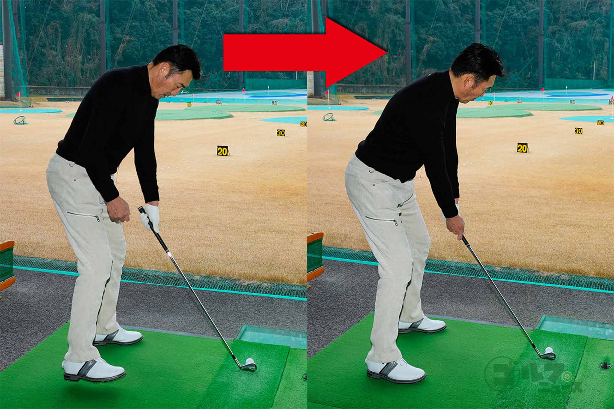 左手1本でクラブを持ち、フェース面を目標に向けたら、左足→右足の順でスタンスを広げ、最後に右手を添えてアドレスの完成　写真:鈴木祥
