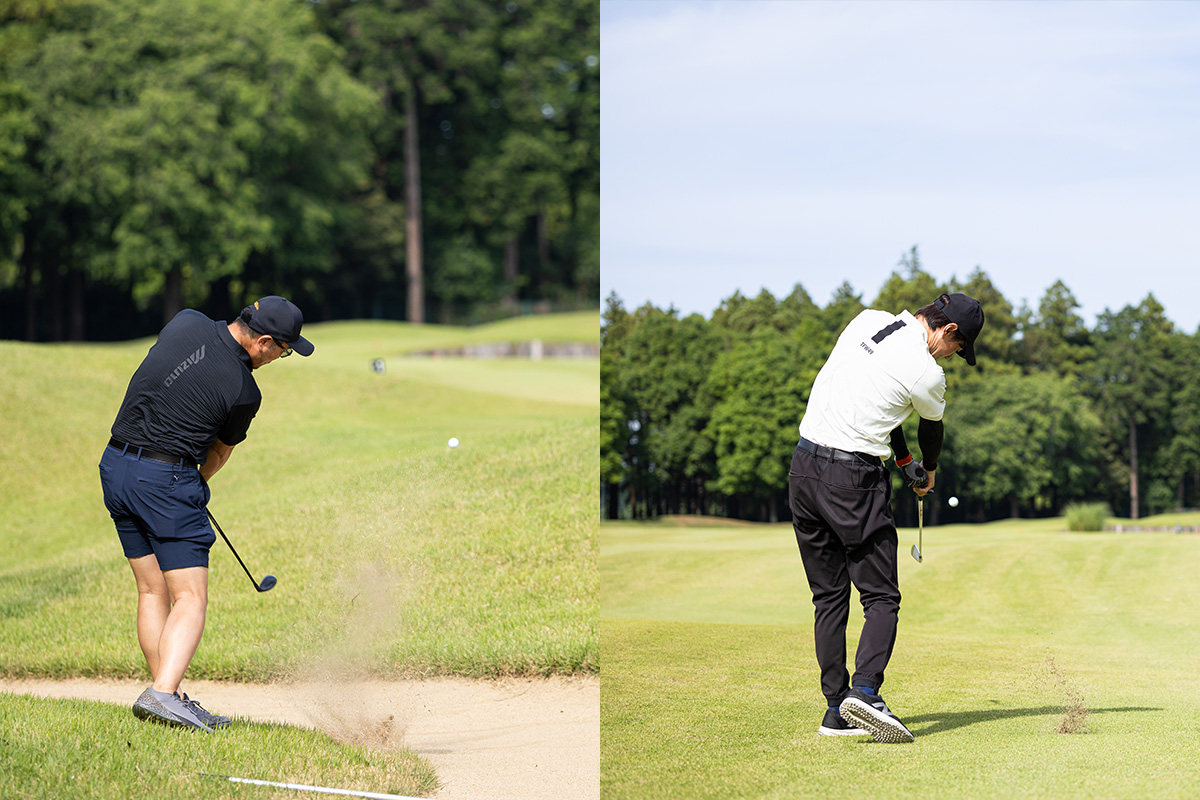 池が絡むパー5のセカンドショット。コースの情報をチェックした2人は真逆のショットを選択[写真：落合隆仁]