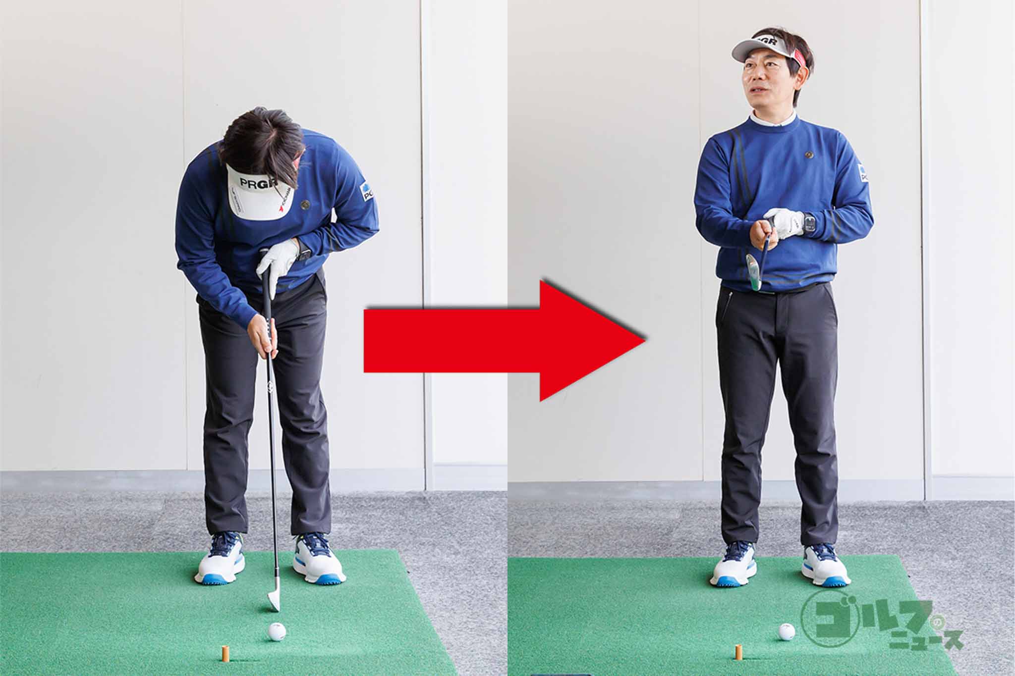 背骨に対してシャフトが90度のところにあると考えると、クラブが短いほど前傾角度が深くなることが分かる　写真:山上忠