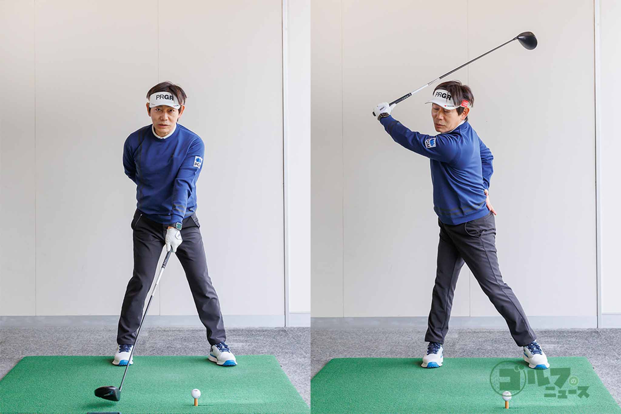 左手1本でクラブを持ったほうが、左肩を右足股関節の上にくるまで体を回しやすいので、まずはボールを打つ前に正しい感覚を身につけよう　写真:山上忠