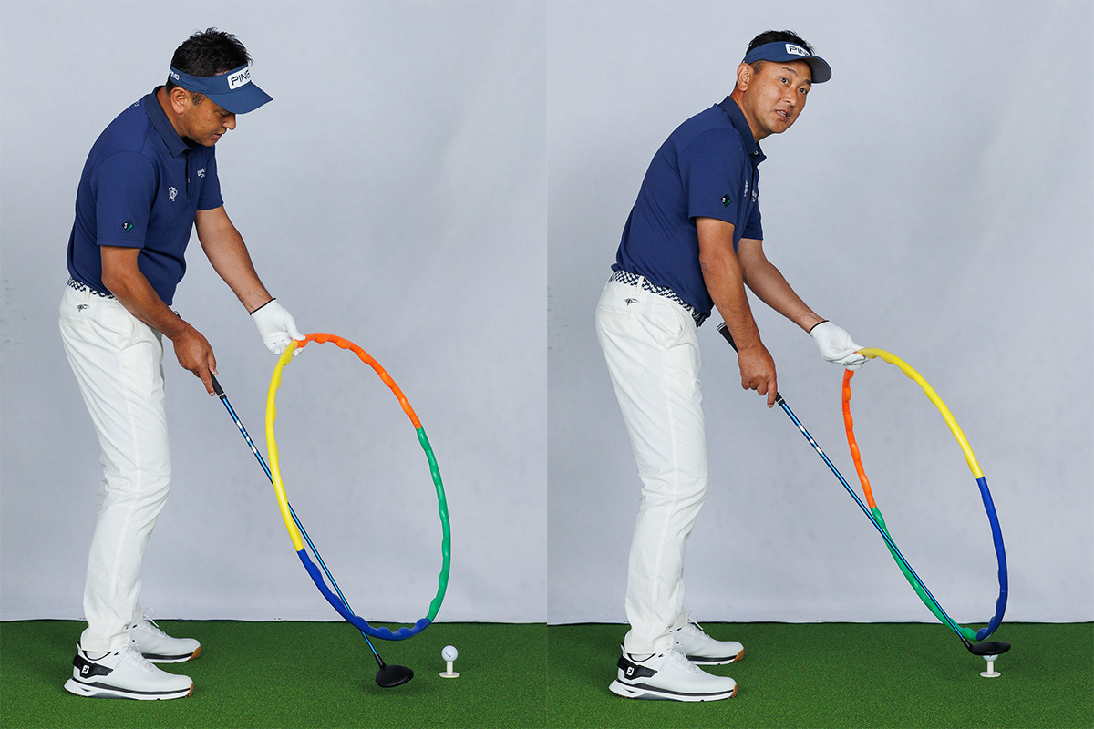 目標に対してスイングプレーンが右向きだとアッパーブロー、左向きだと過度のダウンブローになる　写真:山上忠