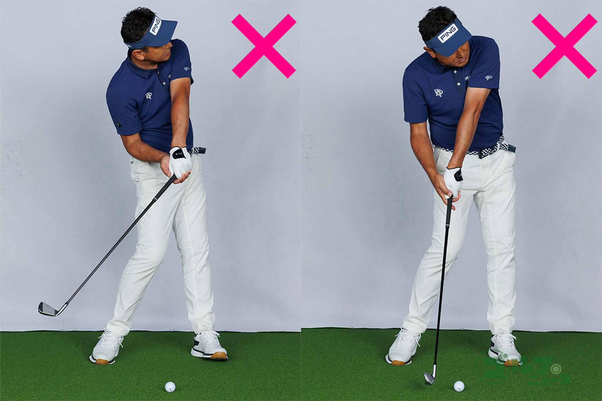 切り返し以降で腰だけ先に動くとフェースが開き(左)、早いタイミングで手首がリリースされるとすくい打ちになる(右) 写真:山上忠