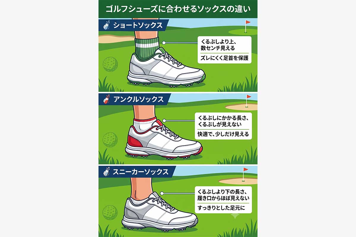 上から「ショートソックス」「アンクルソックス」「スニーカーソックス」（画像はAI生成）