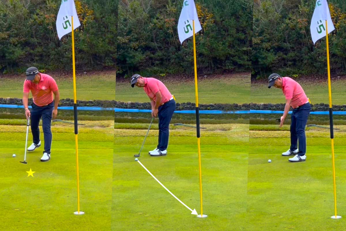 グリーン傾斜を読んでスパット（左写真の星印）を決め、素振りしながらイメージを作ってからアドレスに臨む